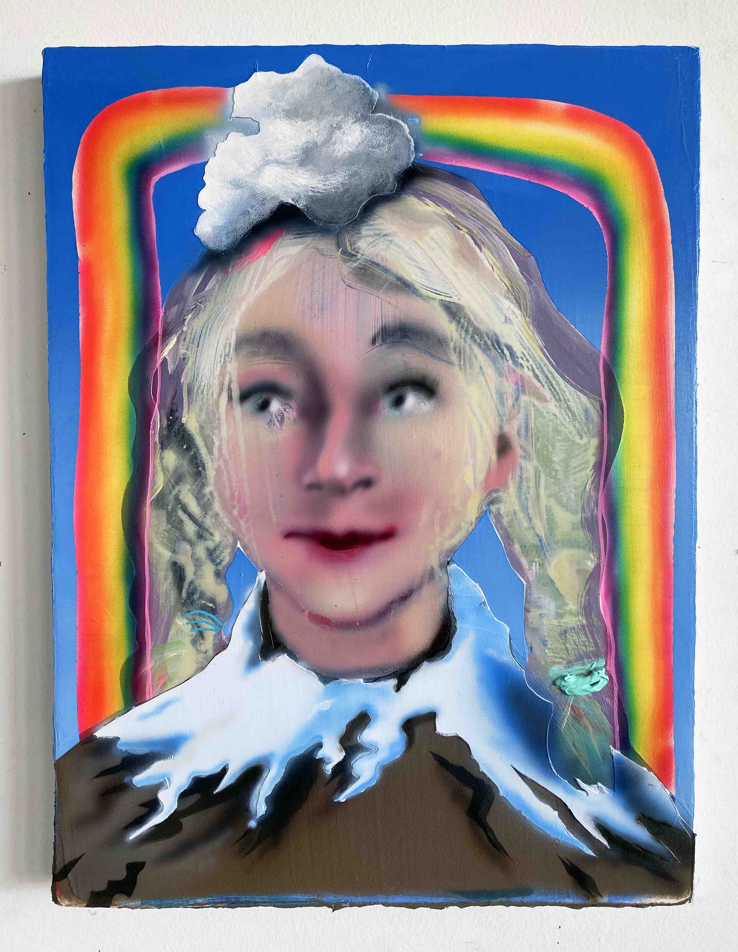 With bright eyes and an eager expression, Emilie’s “Volcano Face” (2020, 24"x18" acrylic on canvas) hints at the beatific contentment she often felt during a challenging year.