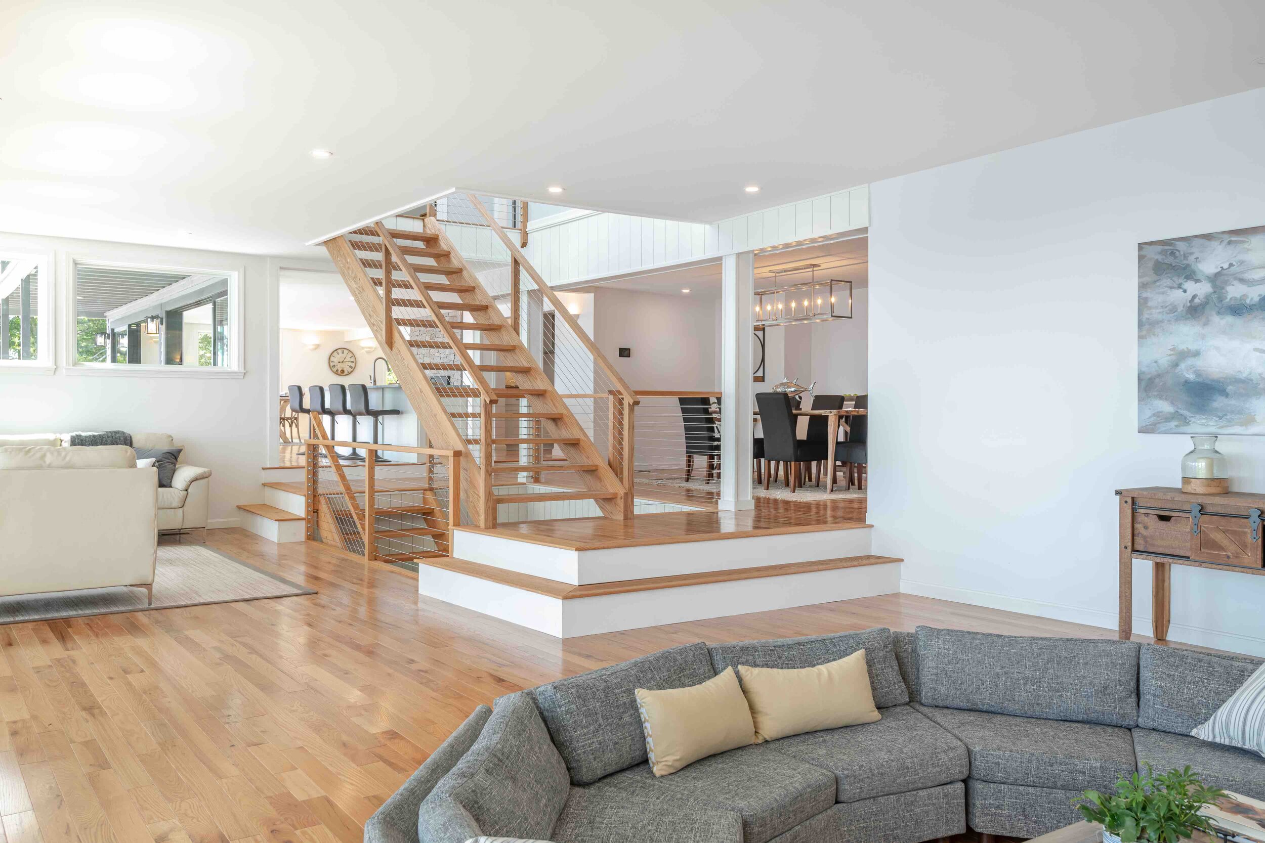  Although the home captures sunshine all day long, darker nooks and crannies are lit with fixtures from Lowe’s and Lighting by the Sea. 