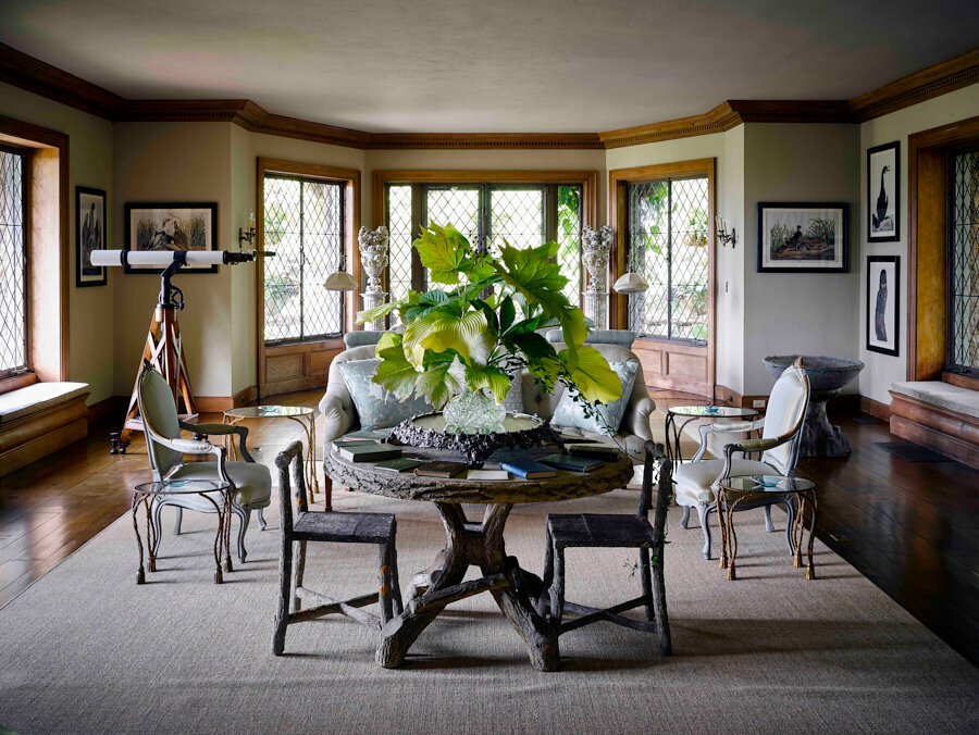 The first floor living room, where Edsel Ford’s telescope is used by the grandchildren to see constellations and the Man in the Moon.